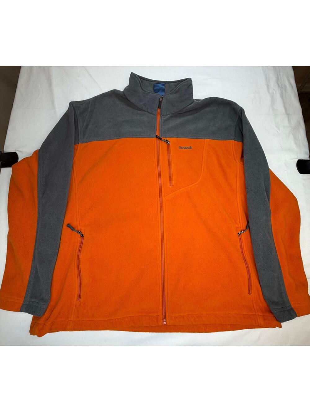 Reebok Men's Fleece Jacket Full Zip Colorblock Zip Pockets Size XXL Orange Grey